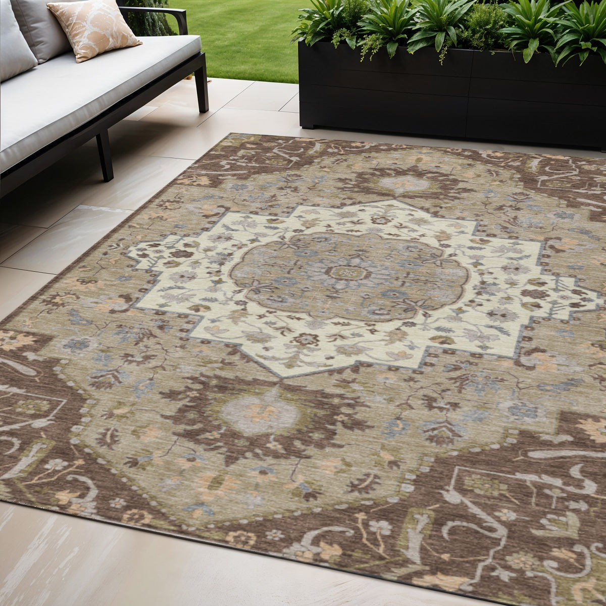 5 X 8 Chocolate Beige And Gray Oriental Washable Indoor Outdoor Area Rug