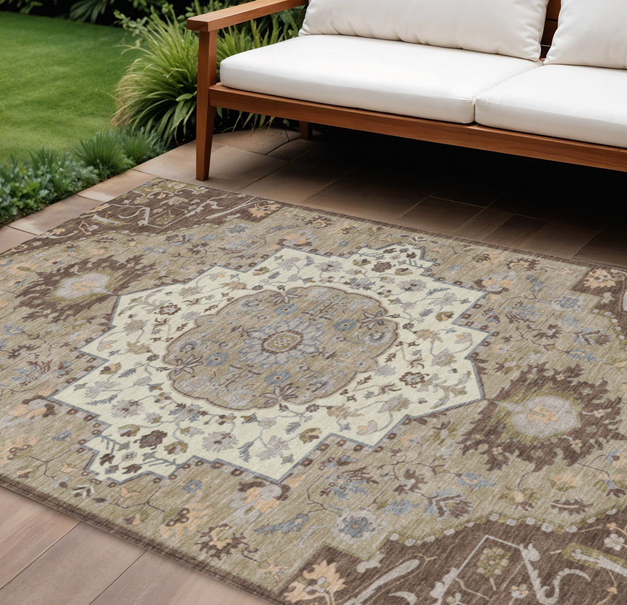 9 X 12 Chocolate Beige And Gray Oriental Washable Indoor Outdoor Area Rug