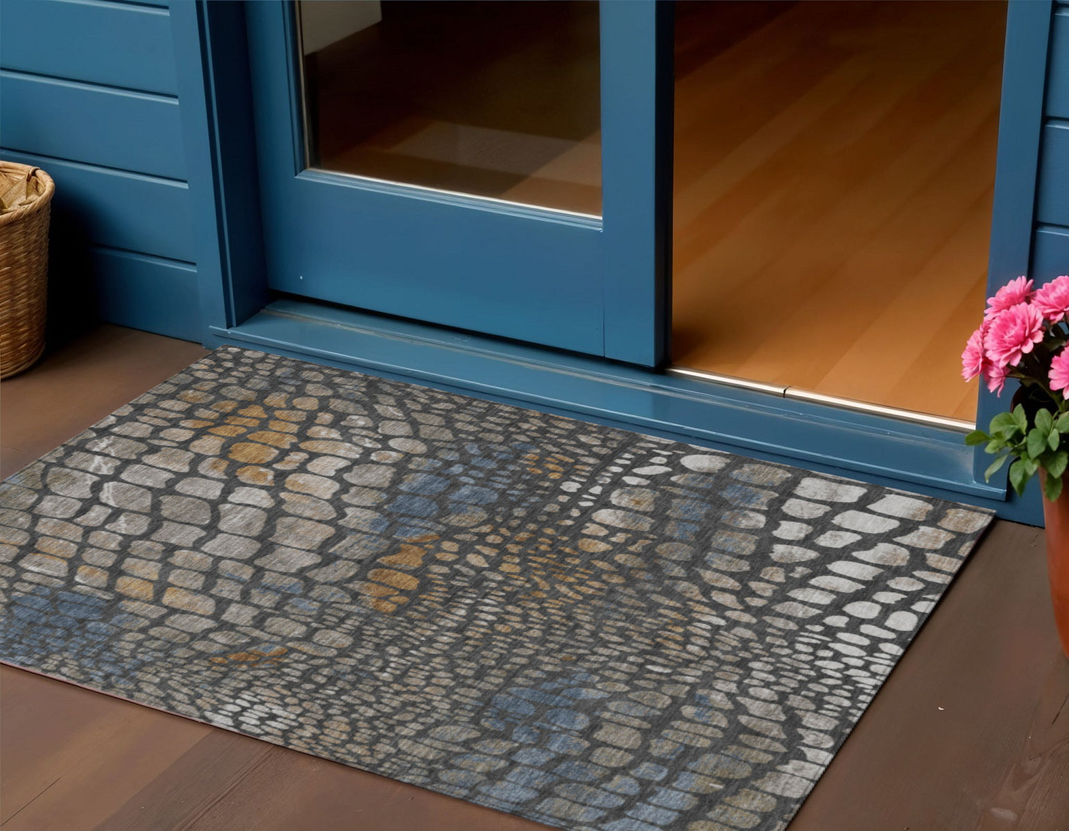 3 X 5 Charcoal Brown And Copper Abstract Washable Indoor Outdoor Area Rug