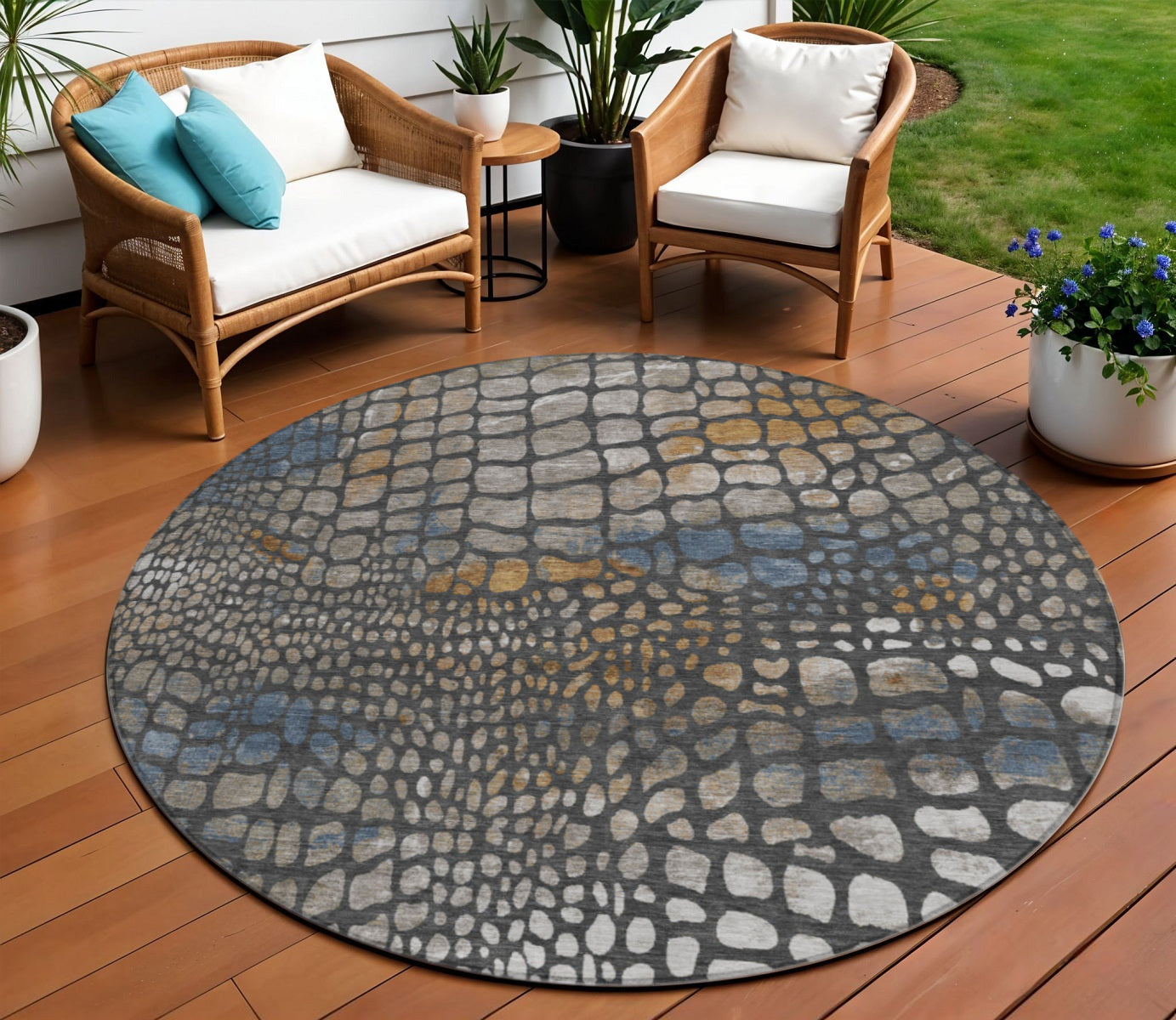 8 Charcoal Brown And Copper Round Abstract Washable Indoor Outdoor Area Rug