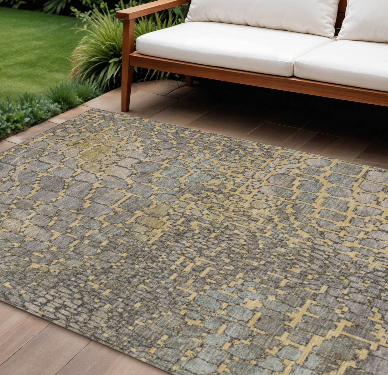 10 X 14 Gold And Gray Abstract Washable Indoor Outdoor Area Rug