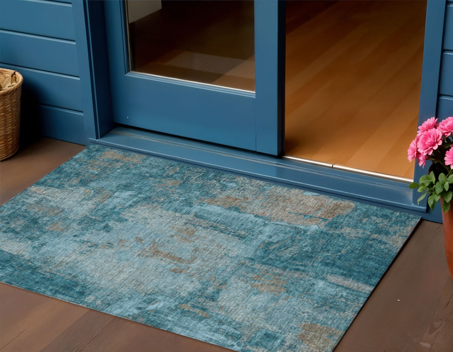 3 X 5 Teal Blue And Gray Abstract Washable Indoor Outdoor Area Rug