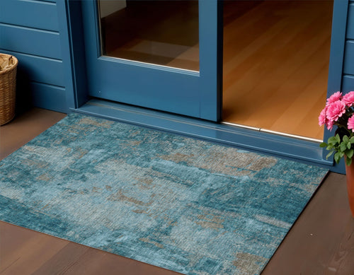 3 X 5 Teal Blue And Gray Abstract Washable Indoor Outdoor Area Rug