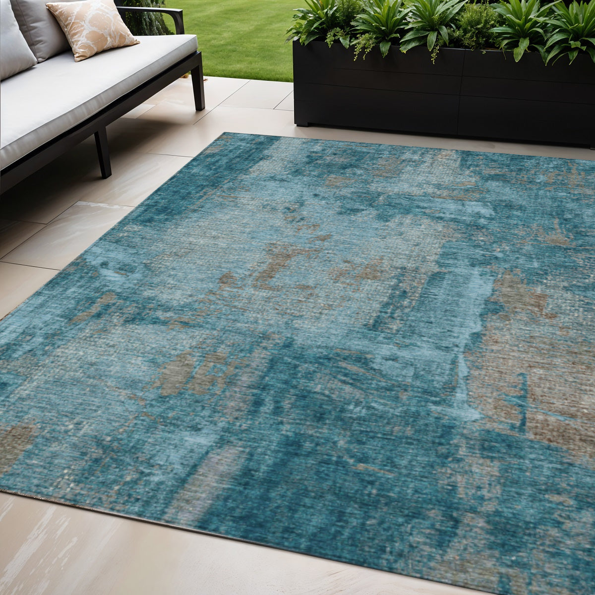 5 X 8 Teal Blue And Gray Abstract Washable Indoor Outdoor Area Rug