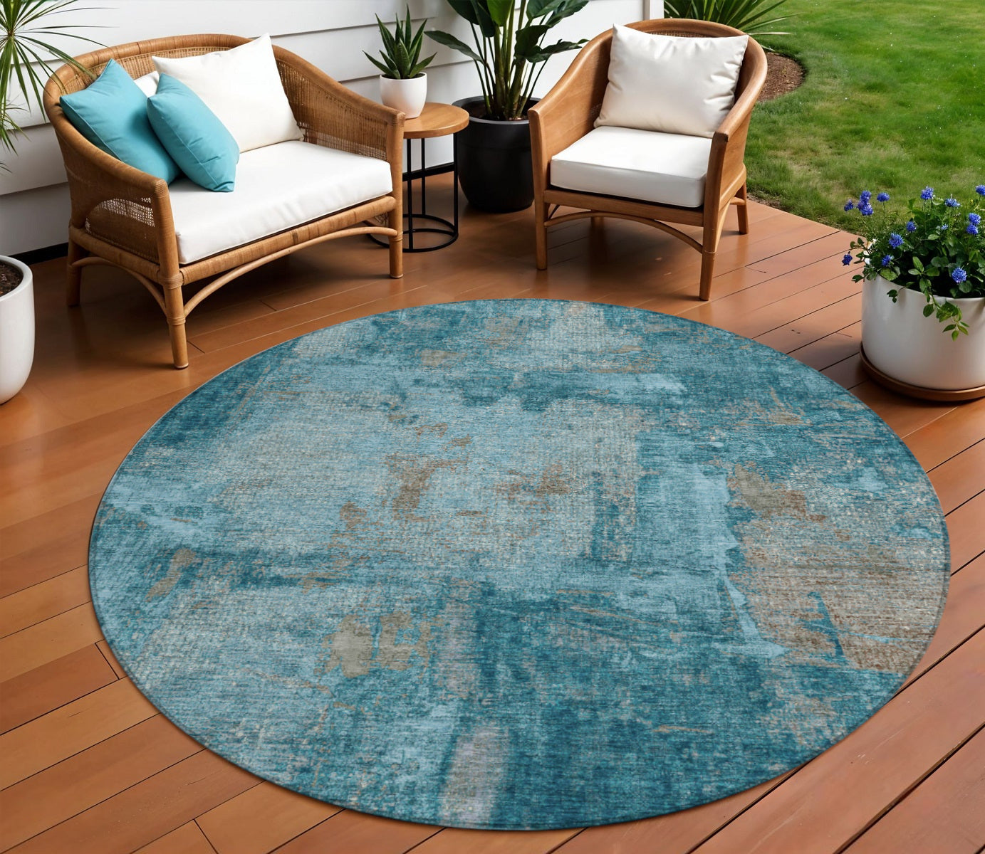 8 Teal Blue And Gray Round Abstract Washable Indoor Outdoor Area Rug