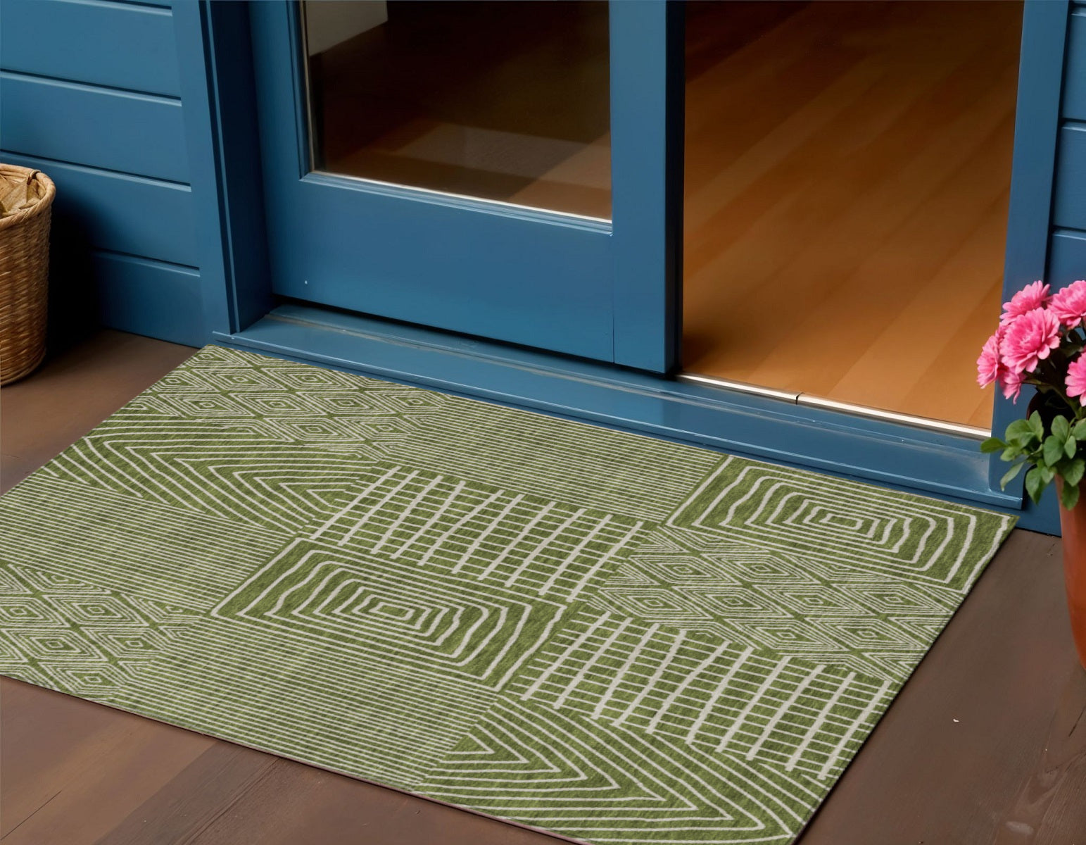 3 X 5 Olive Green And Beige Geometric Washable Indoor Outdoor Area Rug
