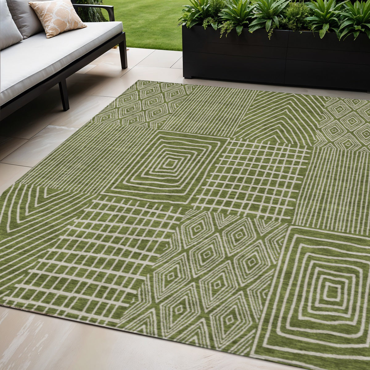 5 X 8 Olive Green And Beige Geometric Washable Indoor Outdoor Area Rug