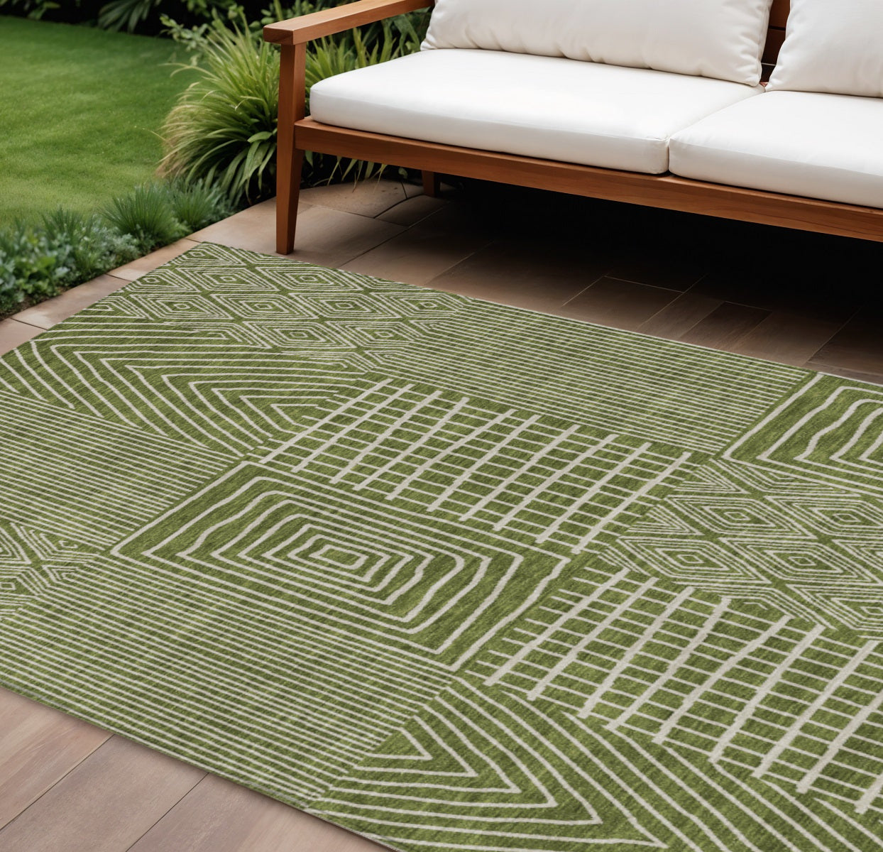 8 X 10 Olive Green And Beige Geometric Washable Indoor Outdoor Area Rug