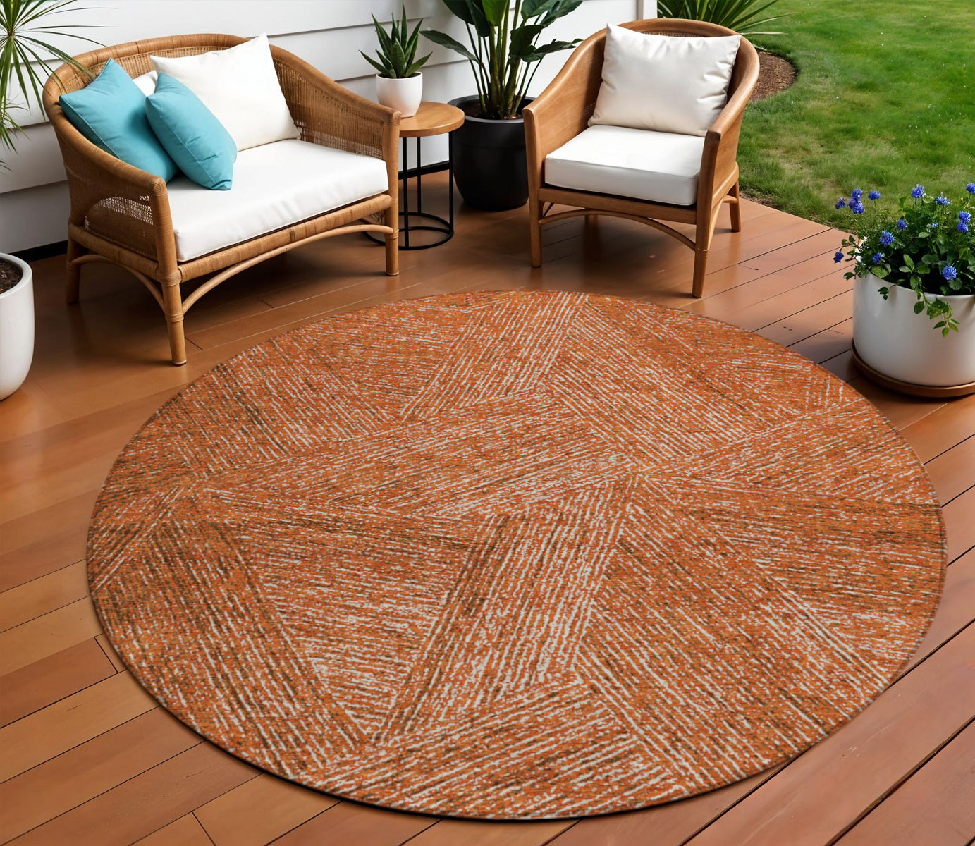 8 Copper Brown And Beige Round Abstract Washable Indoor Outdoor Area Rug