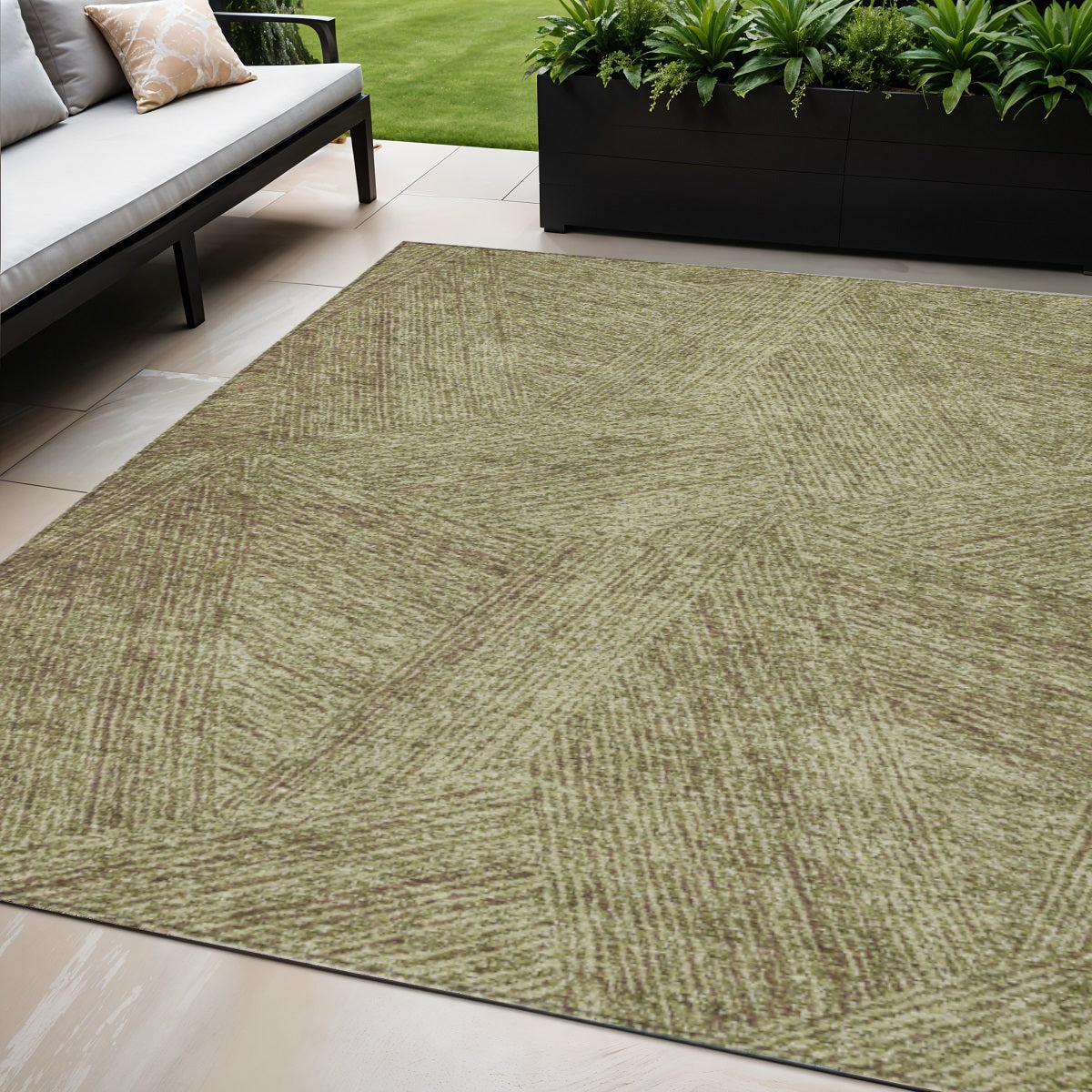 5 X 8 Green Beige And Brown Abstract Washable Indoor Outdoor Area Rug