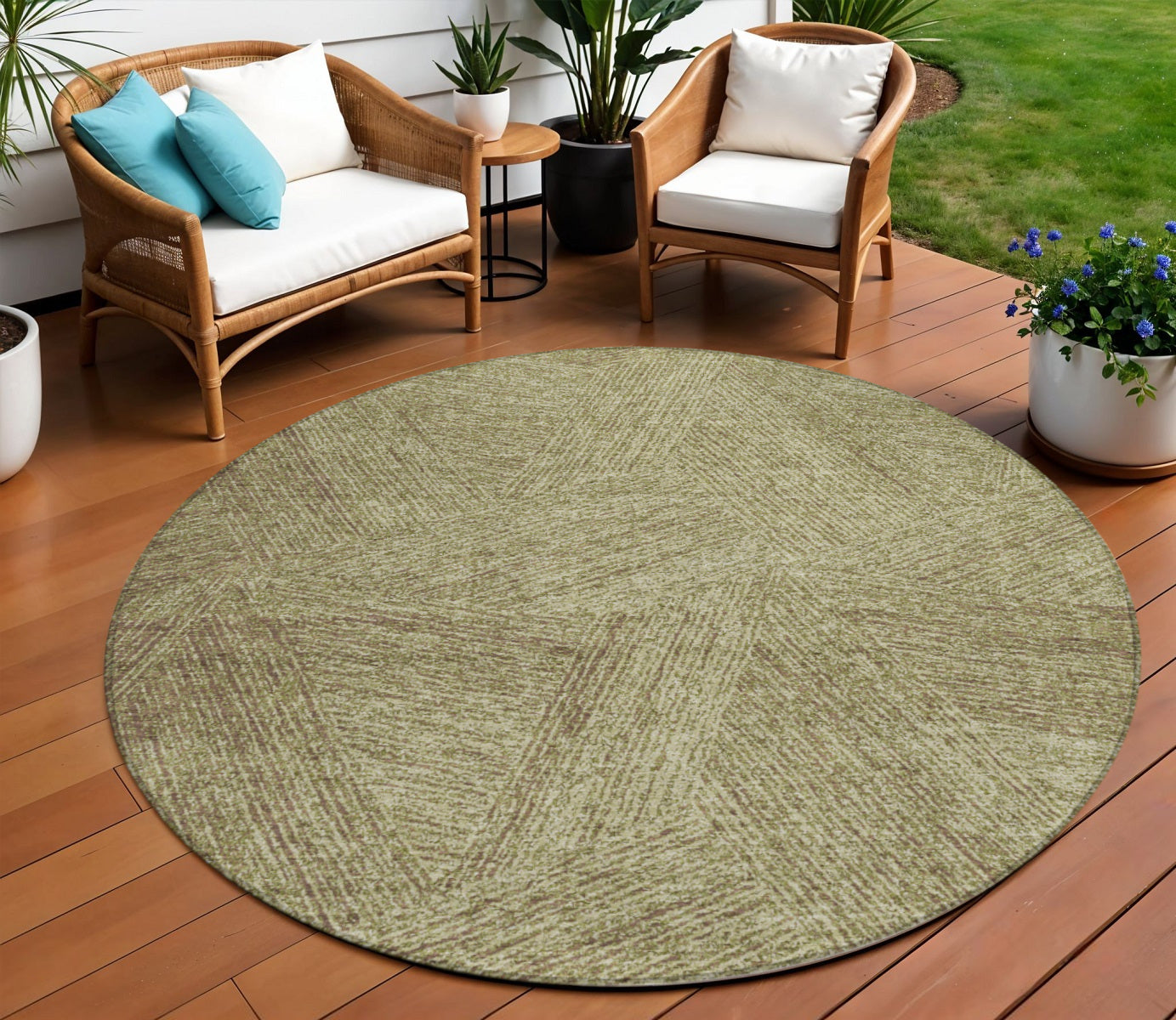 8 Green Beige And Brown Round Abstract Washable Indoor Outdoor Area Rug