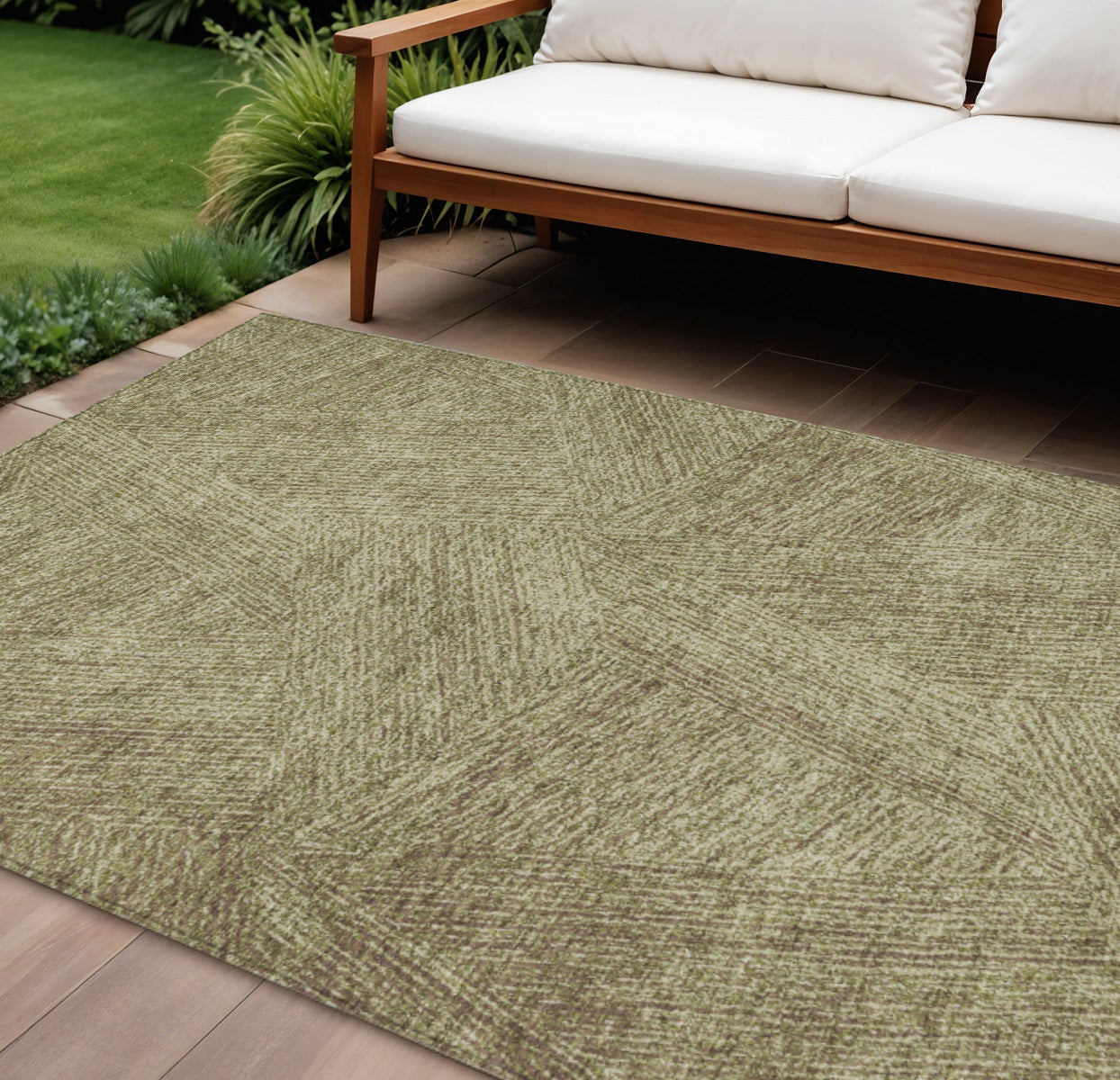 10 X 14 Green Beige And Brown Abstract Washable Indoor Outdoor Area Rug