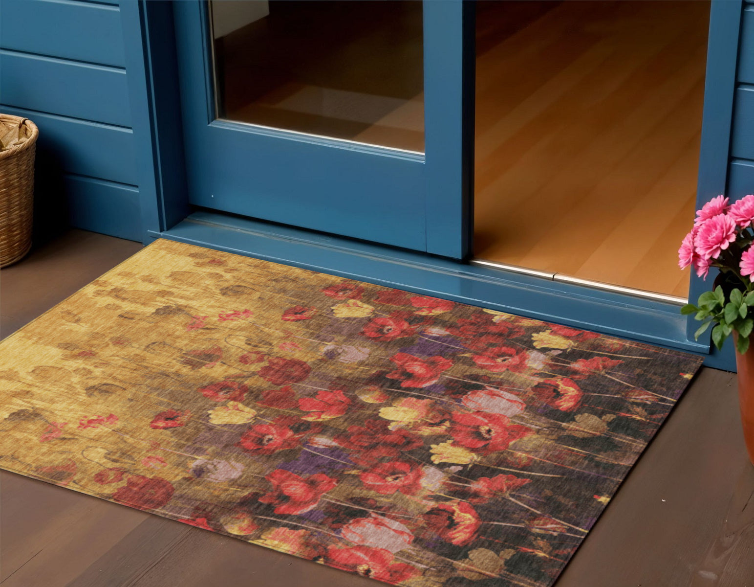 3 X 5 Gold Red And Brown Floral Washable Indoor Outdoor Area Rug