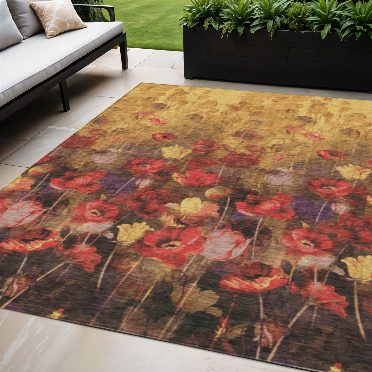 5 X 8 Gold Red And Brown Floral Washable Indoor Outdoor Area Rug