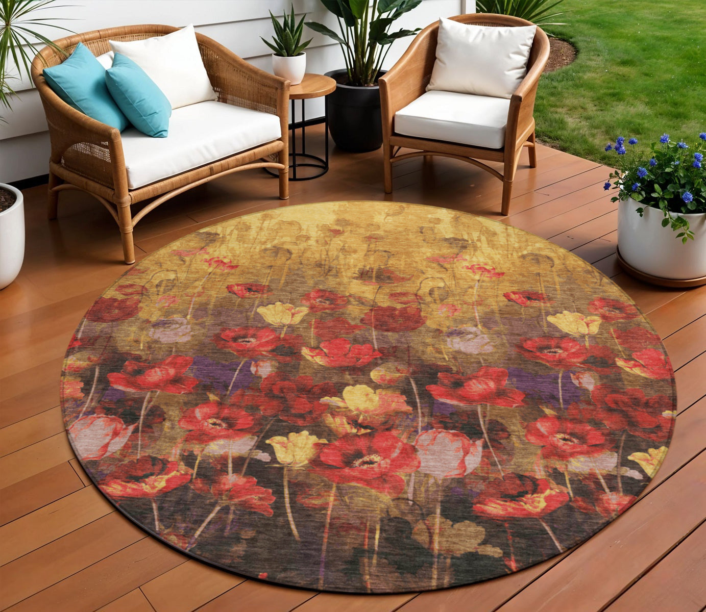 8 Gold Red And Brown Round Floral Washable Indoor Outdoor Area Rug