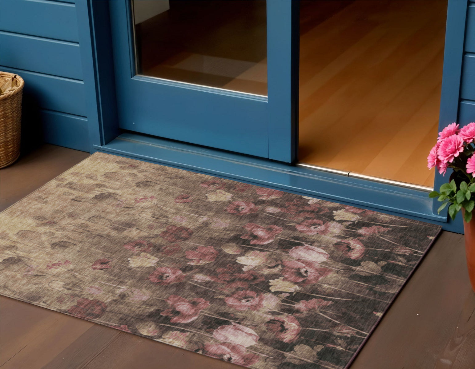 3 X 5 Taupe Brown And Pink Floral Washable Indoor Outdoor Area Rug