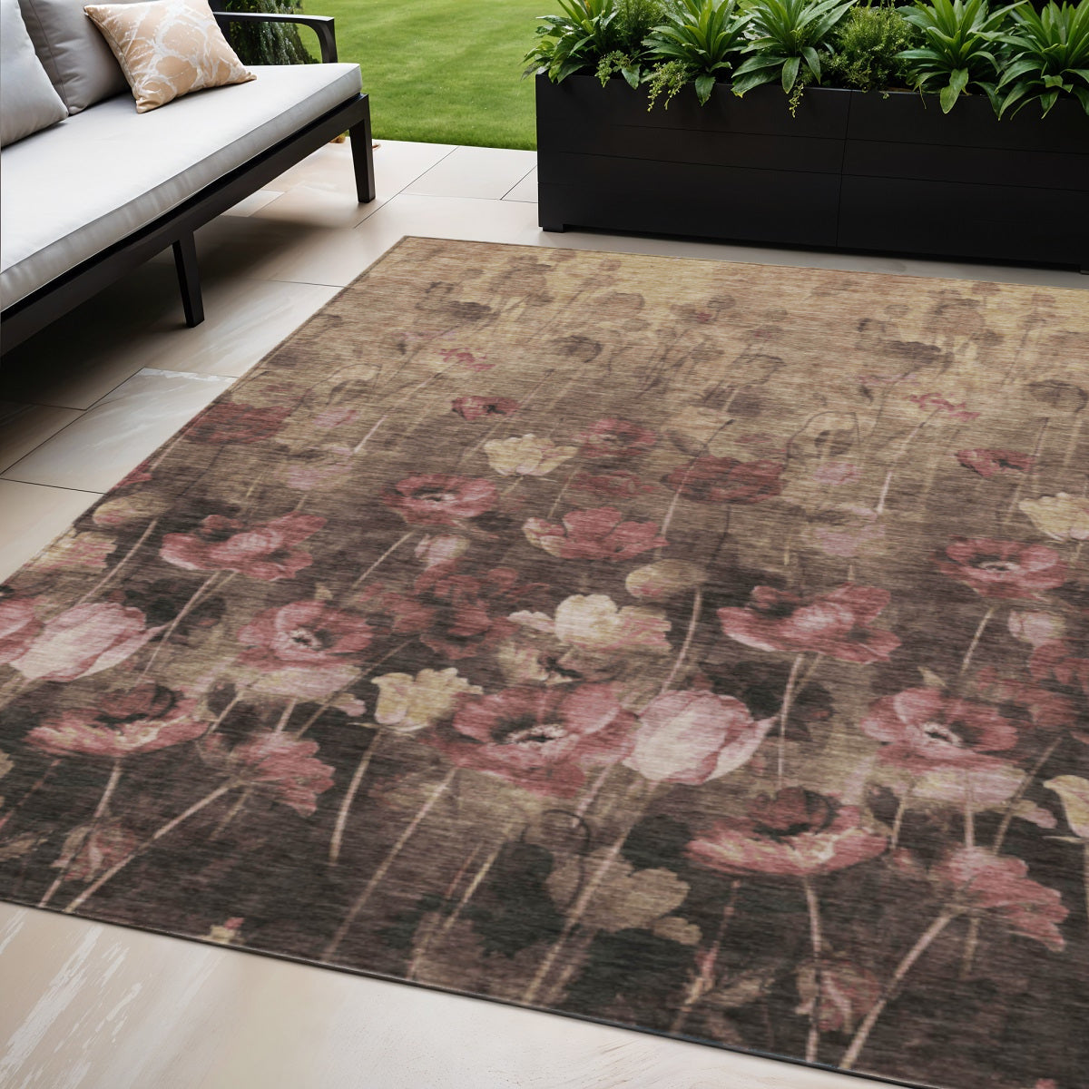 5 X 8 Taupe Brown And Pink Floral Washable Indoor Outdoor Area Rug