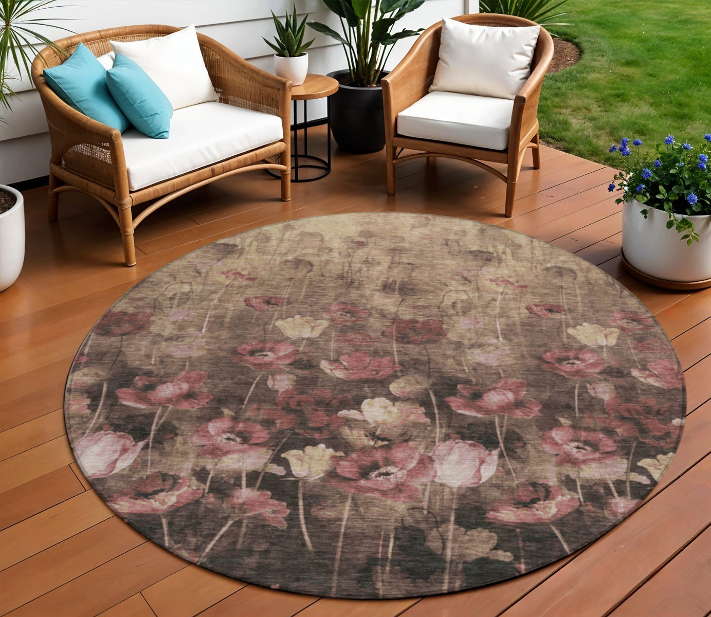 8 Taupe Brown And Pink Round Floral Washable Indoor Outdoor Area Rug
