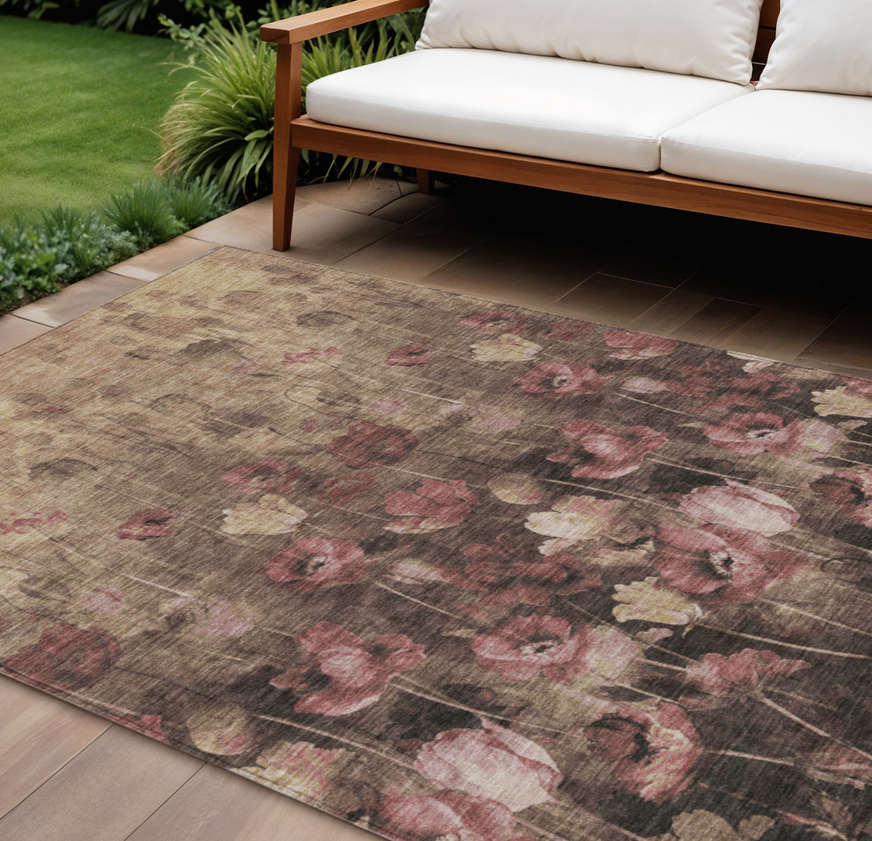 8 X 10 Taupe Brown And Pink Floral Washable Indoor Outdoor Area Rug