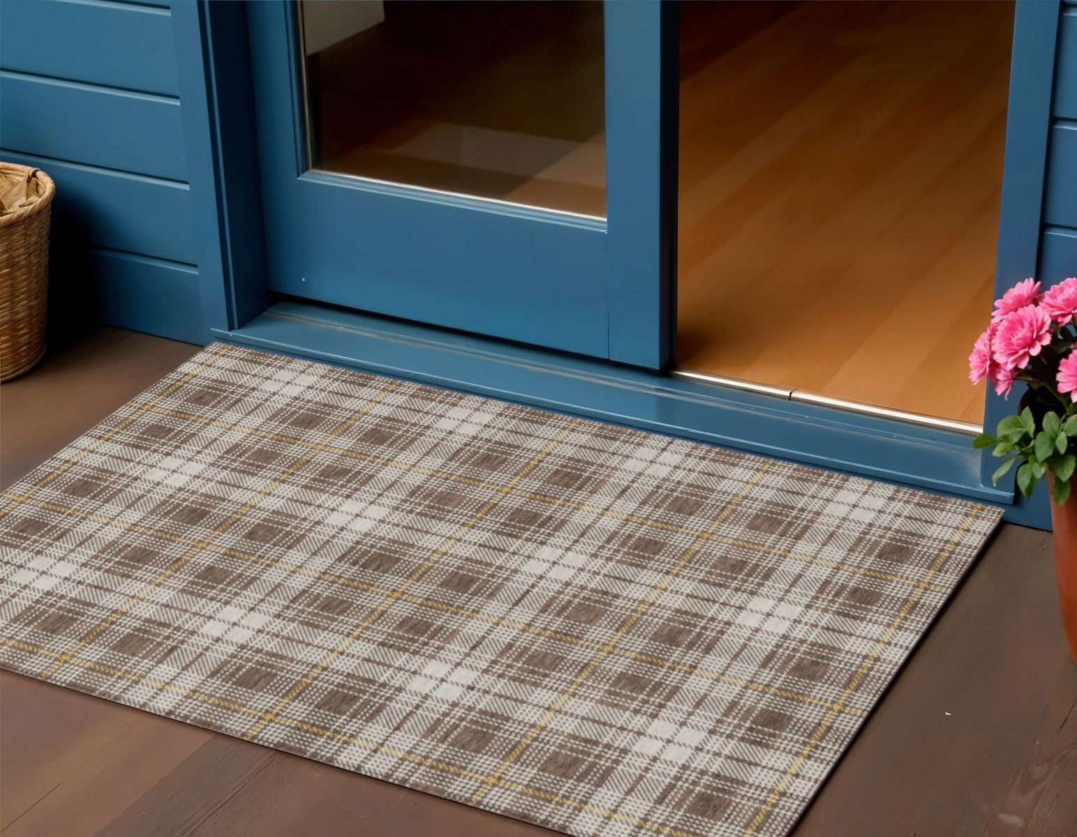 3 X 5 Brown Beige And Gold Plaid Washable Indoor Outdoor Area Rug