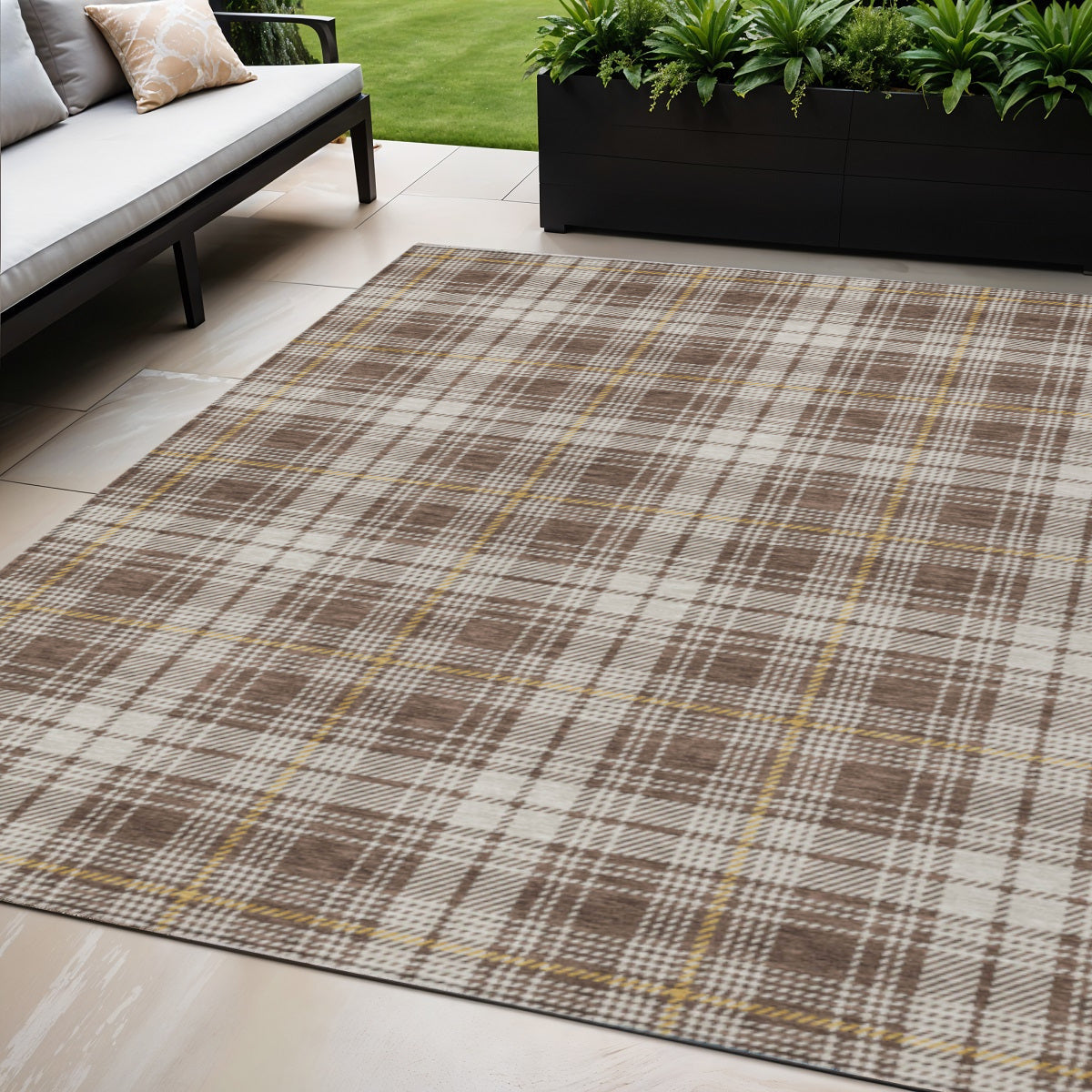 5 X 8 Brown Beige And Gold Plaid Washable Indoor Outdoor Area Rug