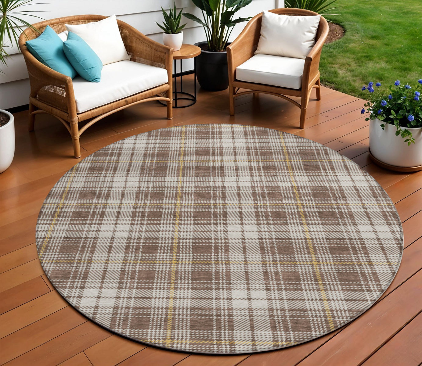 8 Brown Beige And Gold Round Plaid Washable Indoor Outdoor Area Rug