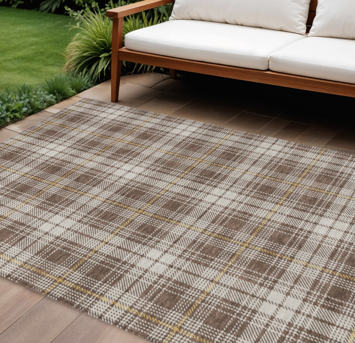 10 X 14 Brown Beige And Gold Plaid Washable Indoor Outdoor Area Rug