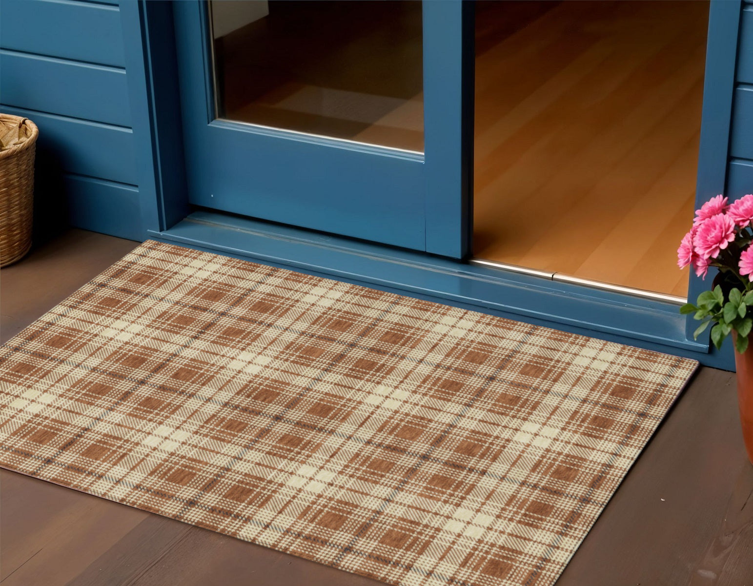 3 X 5 Brown Black And Beige Plaid Washable Indoor Outdoor Area Rug