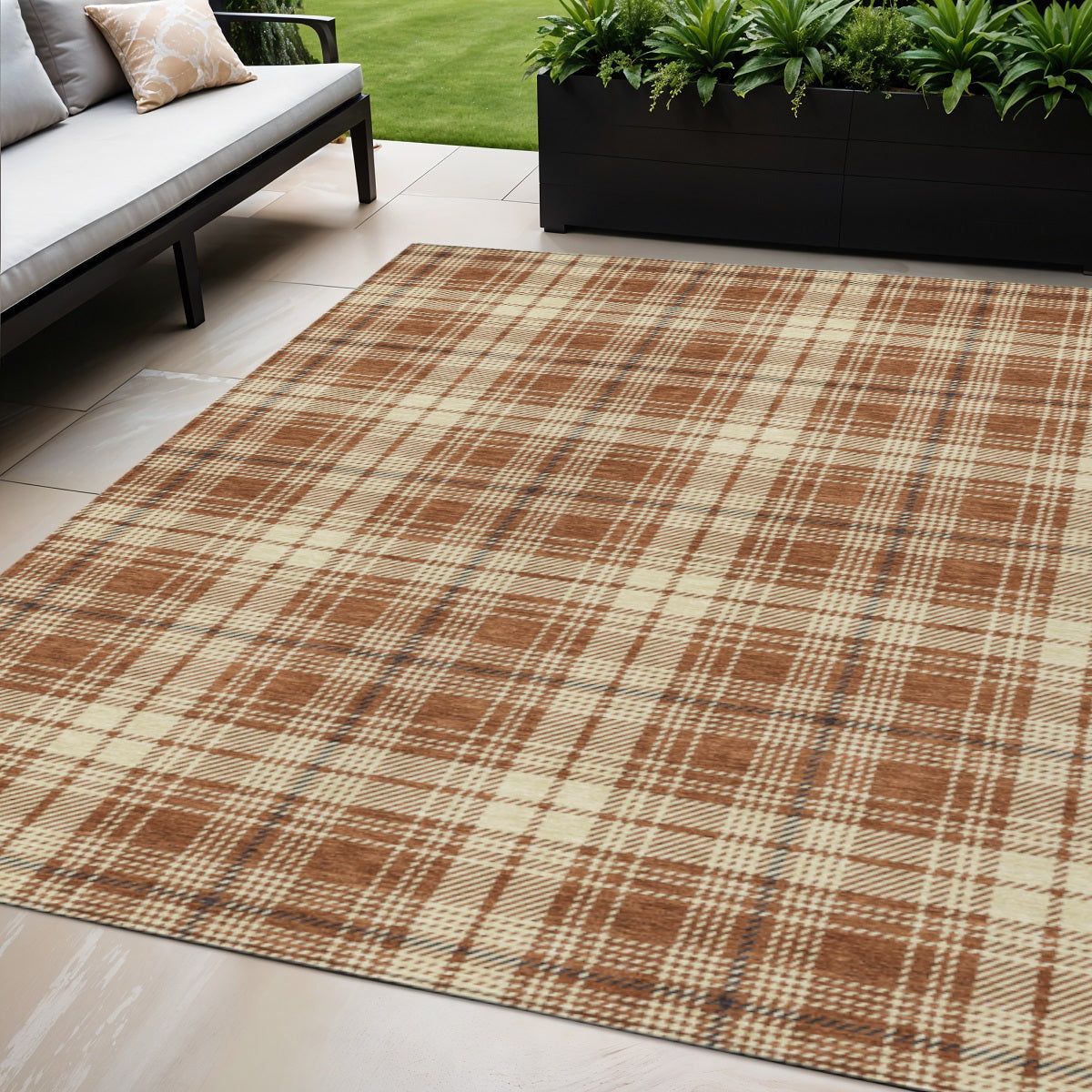 5 X 8 Brown Black And Beige Plaid Washable Indoor Outdoor Area Rug