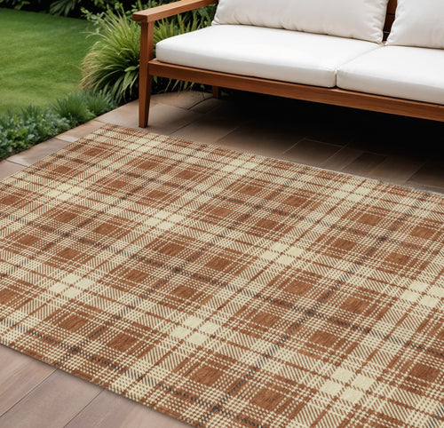 10 X 14 Brown Black And Beige Plaid Washable Indoor Outdoor Area Rug