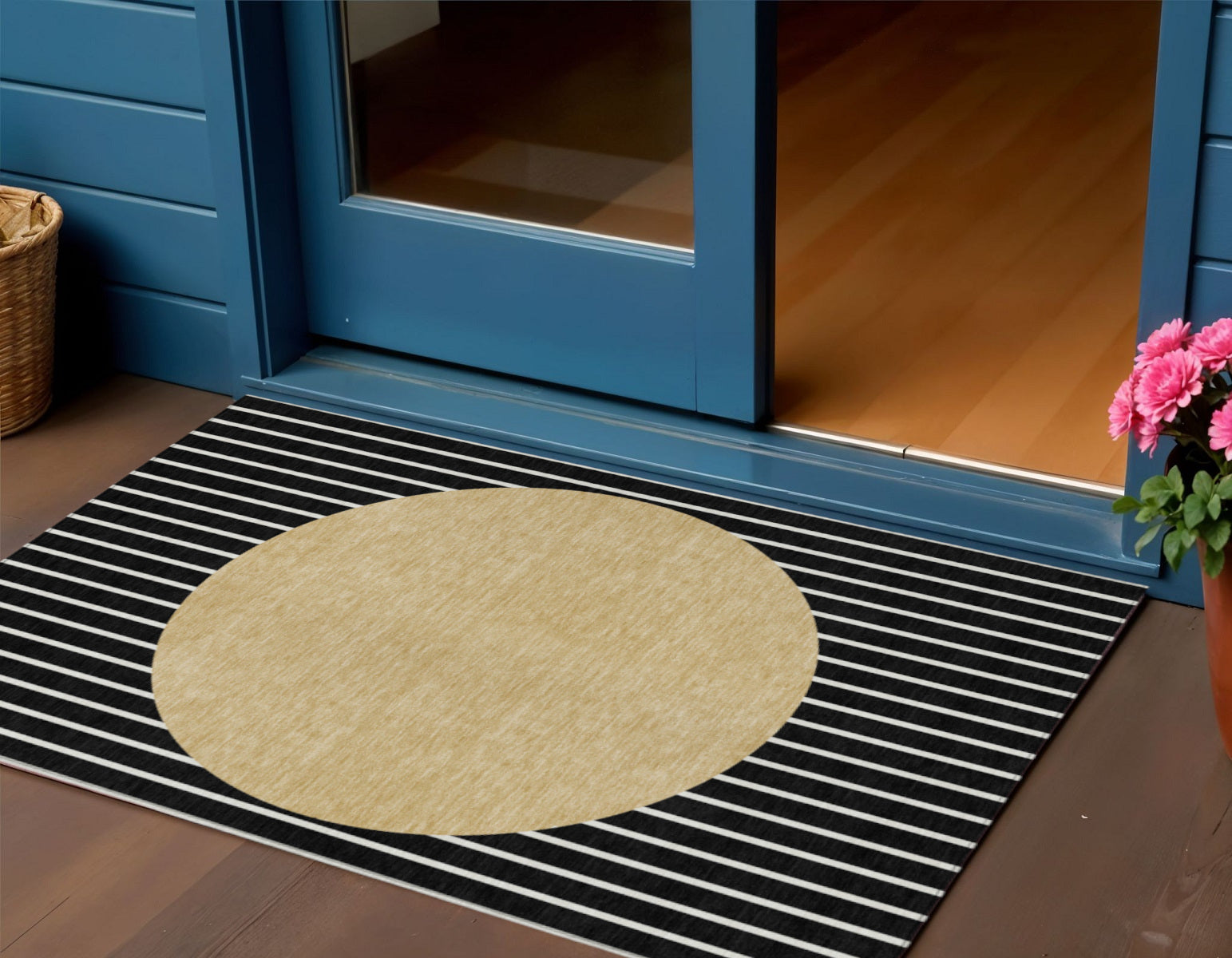 3 X 5 Black And Beige Striped Washable Indoor Outdoor Area Rug