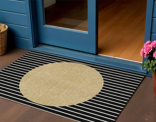 3 X 5 Black And Beige Striped Washable Indoor Outdoor Area Rug