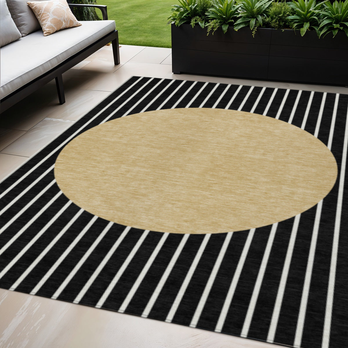 5 X 8 Black And Beige Striped Washable Indoor Outdoor Area Rug