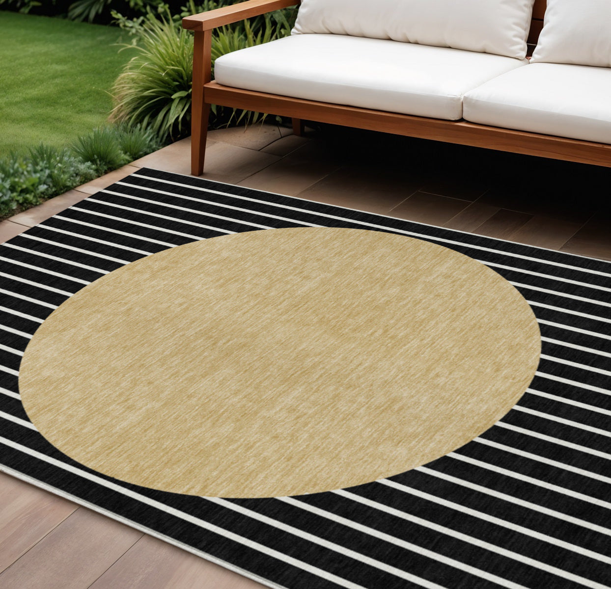 10 X 14 Black And Beige Striped Washable Indoor Outdoor Area Rug