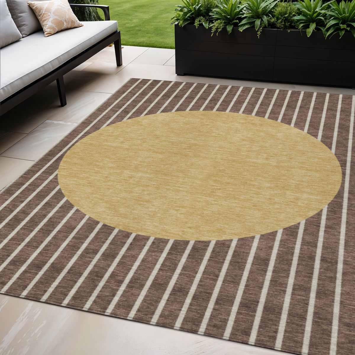 5 X 8 Brown And Beige Striped Washable Indoor Outdoor Area Rug