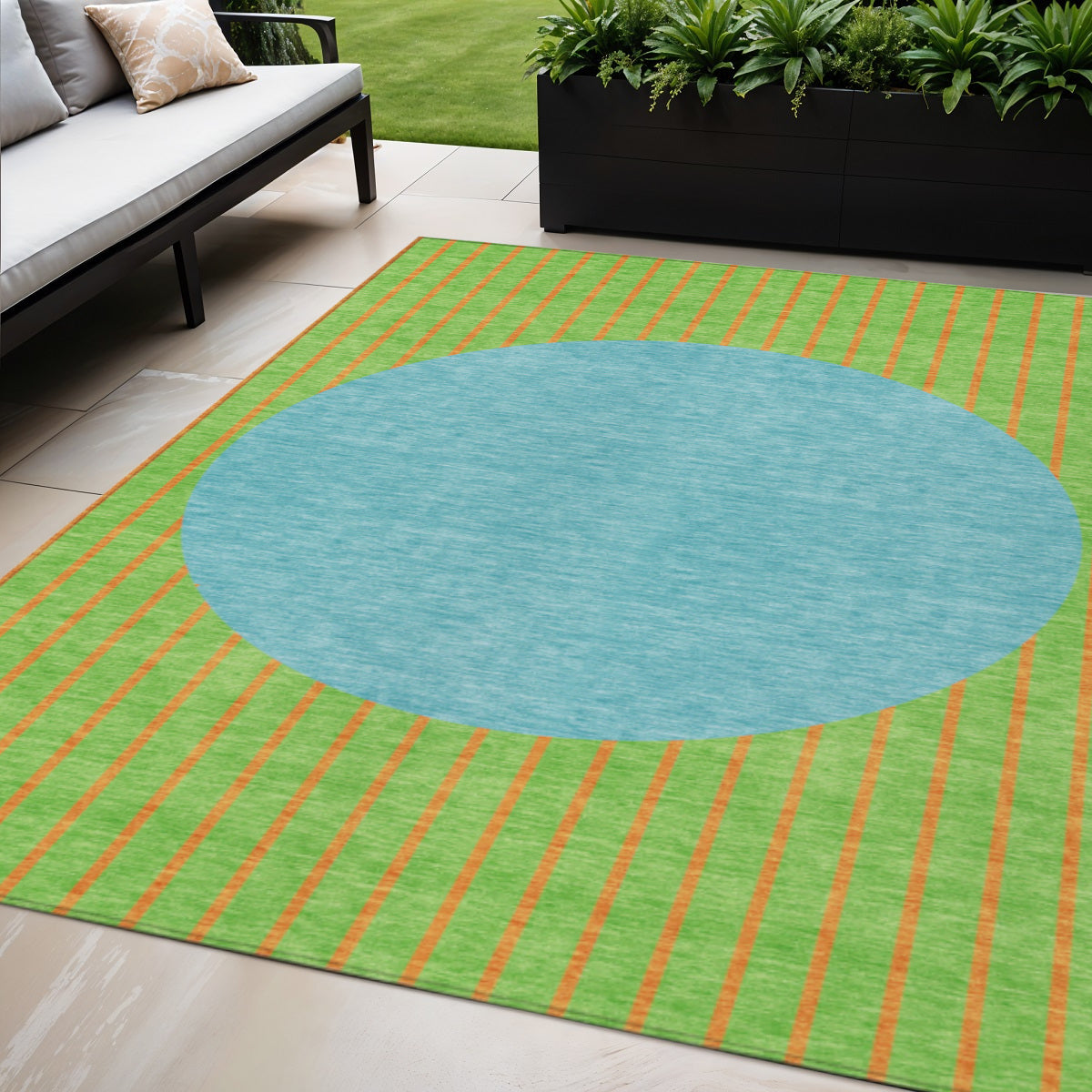 5 X 8 Lime Green And Blue Striped Washable Indoor Outdoor Area Rug