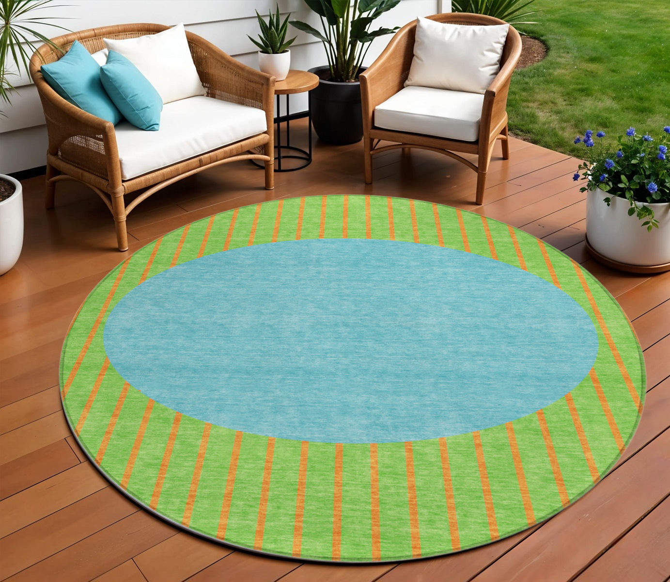 8 Lime Green And Blue Round Striped Washable Indoor Outdoor Area Rug