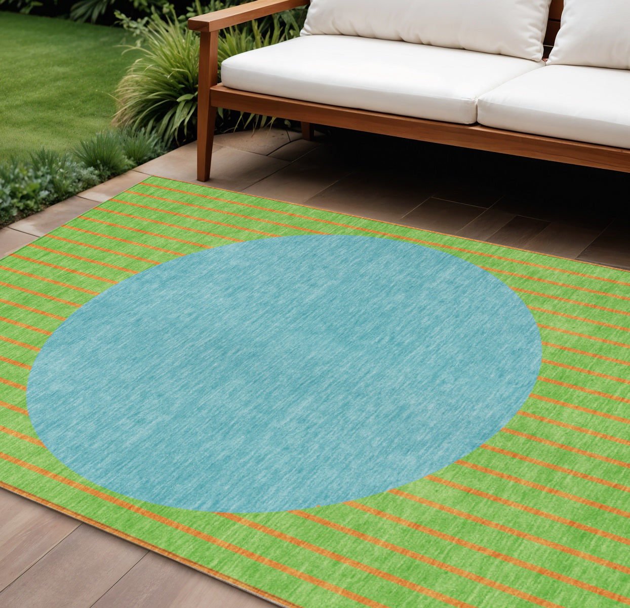 8 X 10 Lime Green And Blue Striped Washable Indoor Outdoor Area Rug