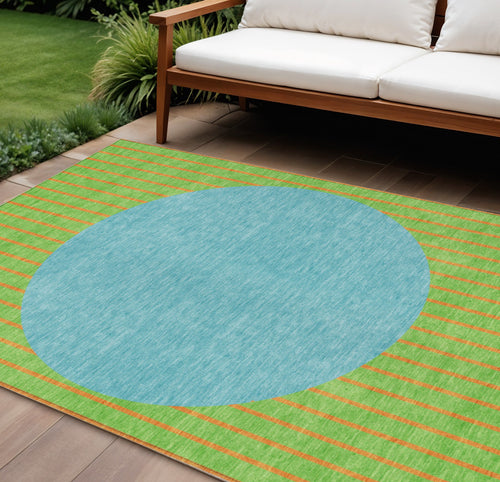 10 X 14 Lime Green And Blue Striped Washable Indoor Outdoor Area Rug
