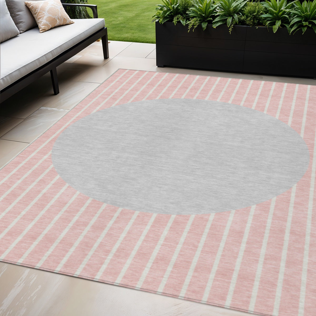 5 X 8 Pink And Silver Striped Washable Indoor Outdoor Area Rug
