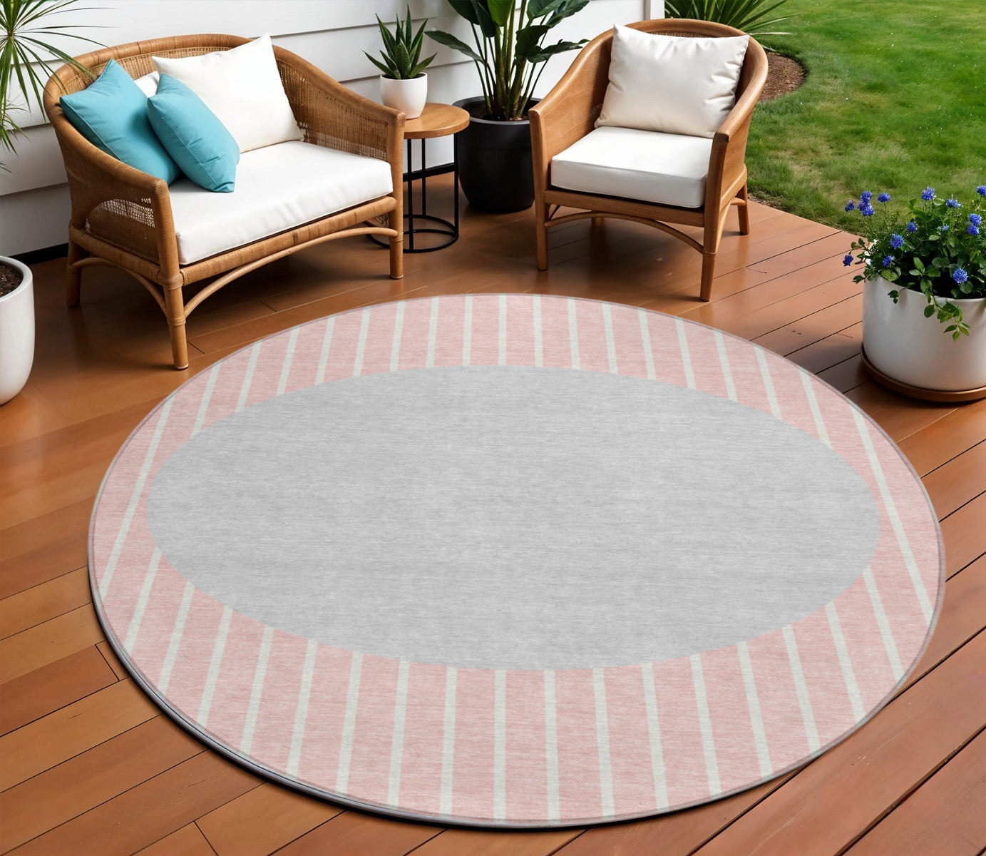 8 Pink And Silver Round Striped Washable Indoor Outdoor Area Rug