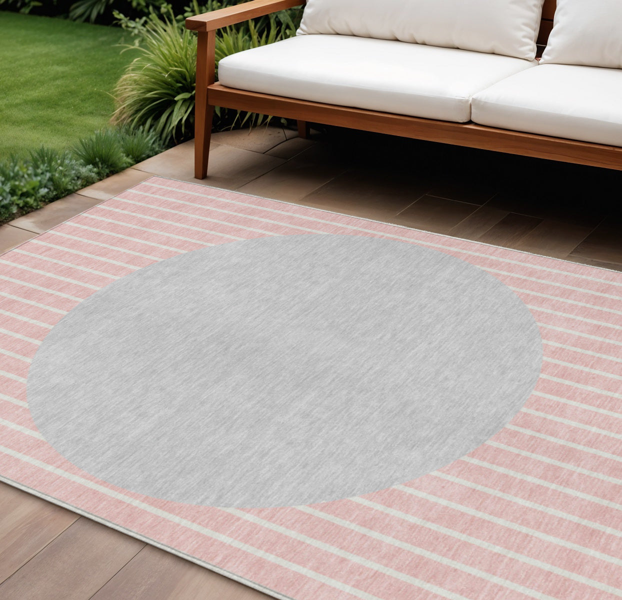 8 X 10 Pink And Silver Striped Washable Indoor Outdoor Area Rug