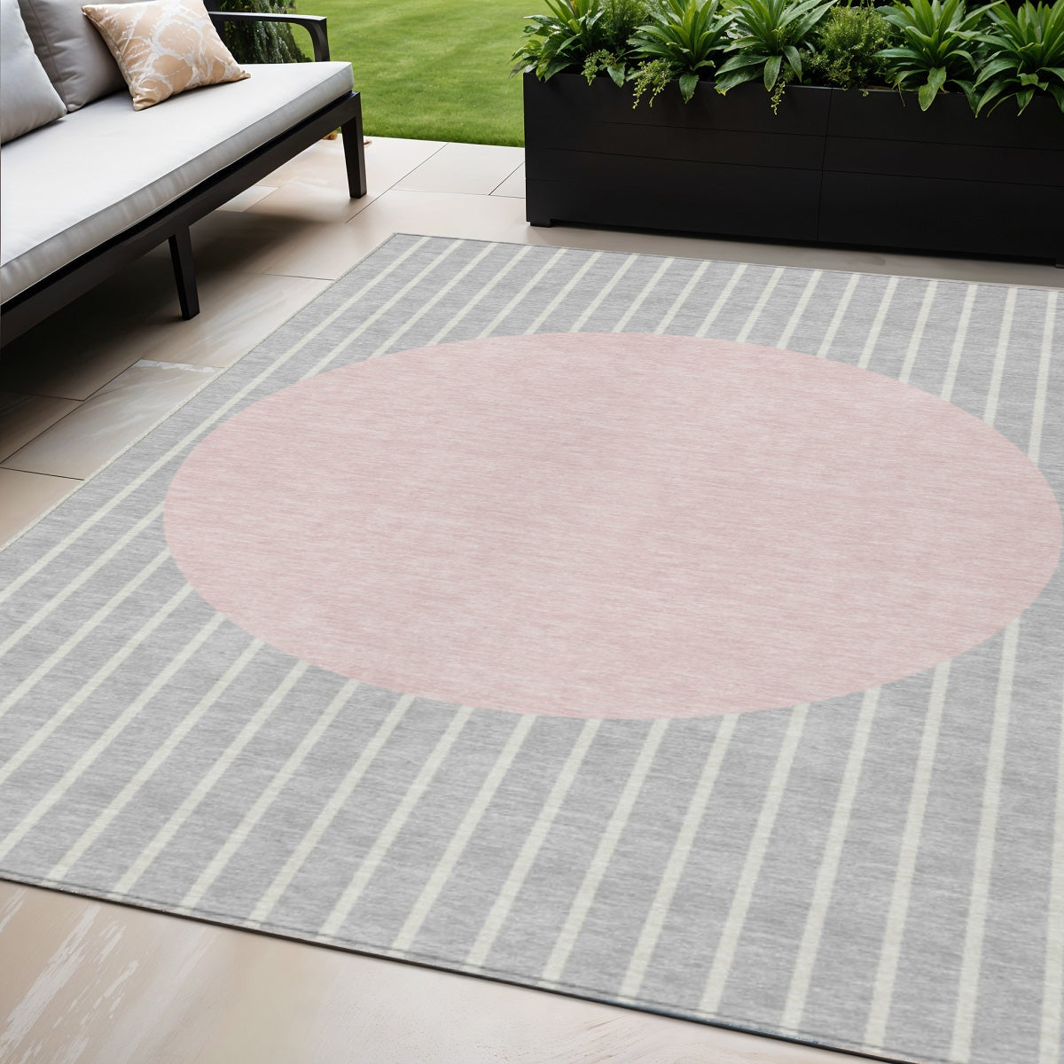 5 X 8 Silver And Pink Striped Washable Indoor Outdoor Area Rug