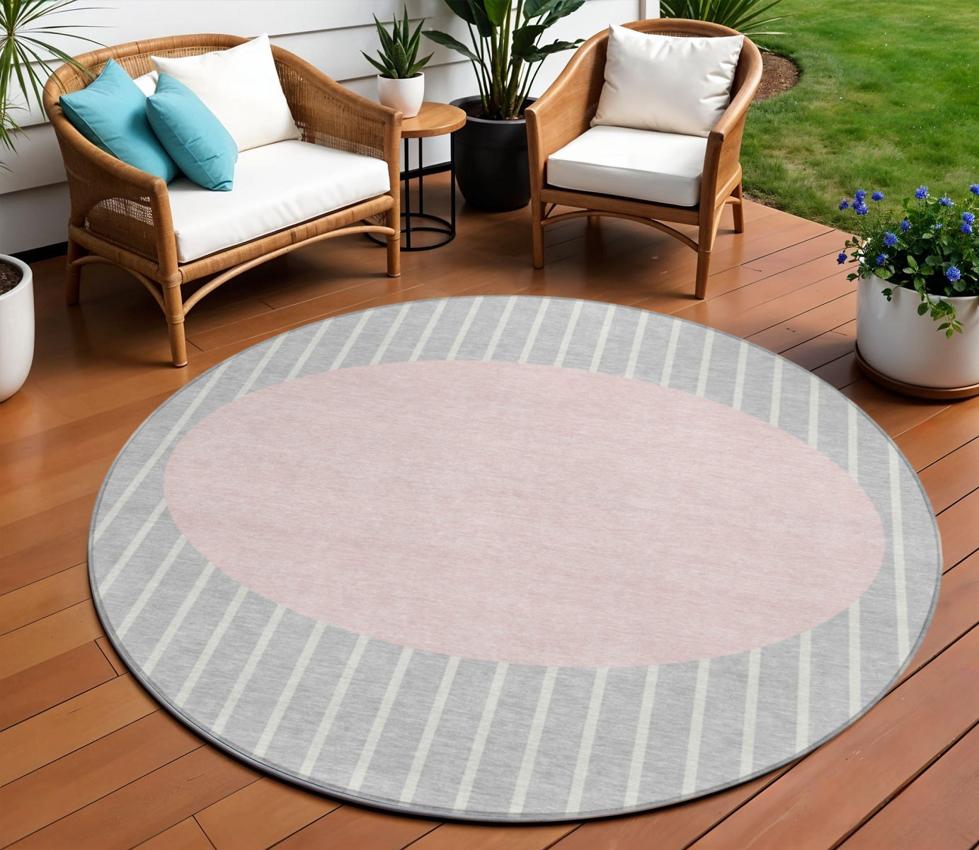 8 Silver And Pink Round Striped Washable Indoor Outdoor Area Rug