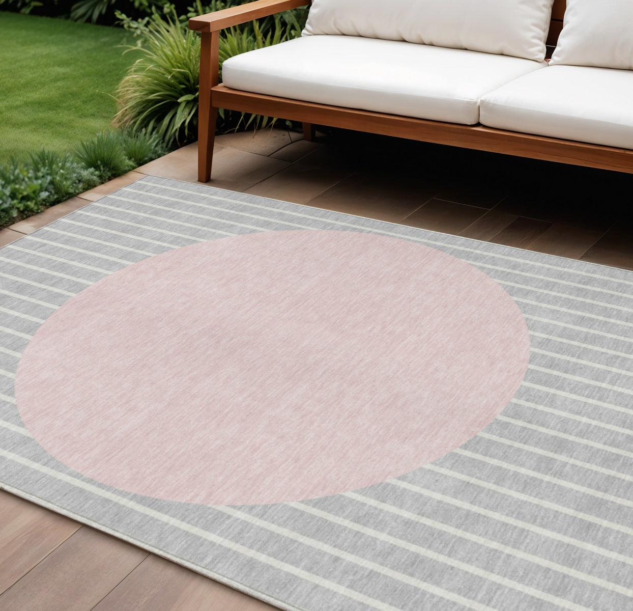 8 X 10 Silver And Pink Striped Washable Indoor Outdoor Area Rug