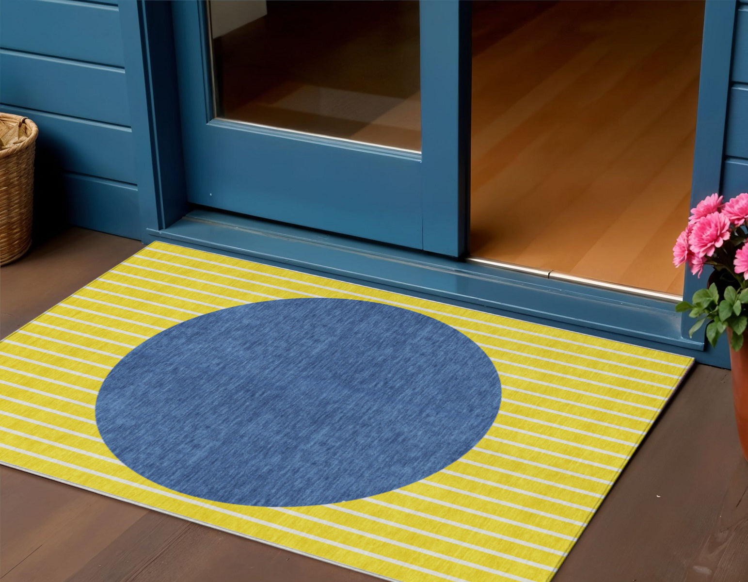 3 X 5 Yellow And Blue Striped Washable Indoor Outdoor Area Rug