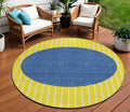 8 Yellow And Blue Round Striped Washable Indoor Outdoor Area Rug