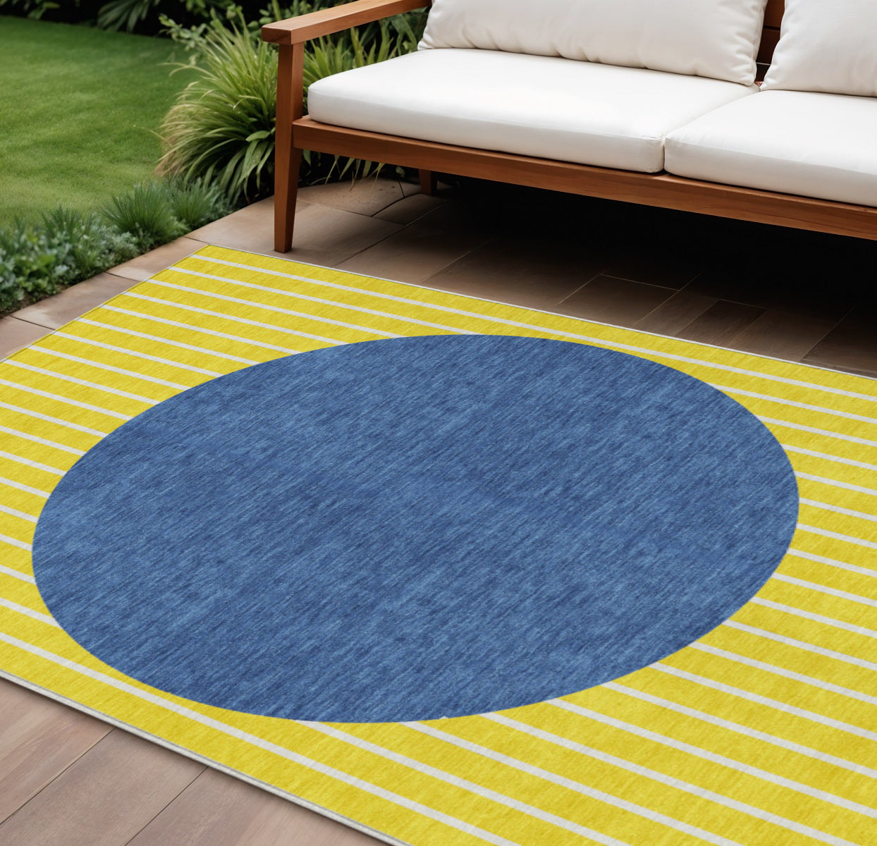 10 X 14 Yellow And Blue Striped Washable Indoor Outdoor Area Rug