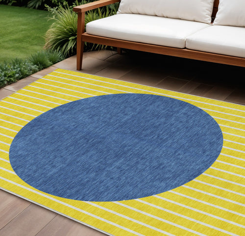 10 X 14 Yellow And Blue Striped Washable Indoor Outdoor Area Rug