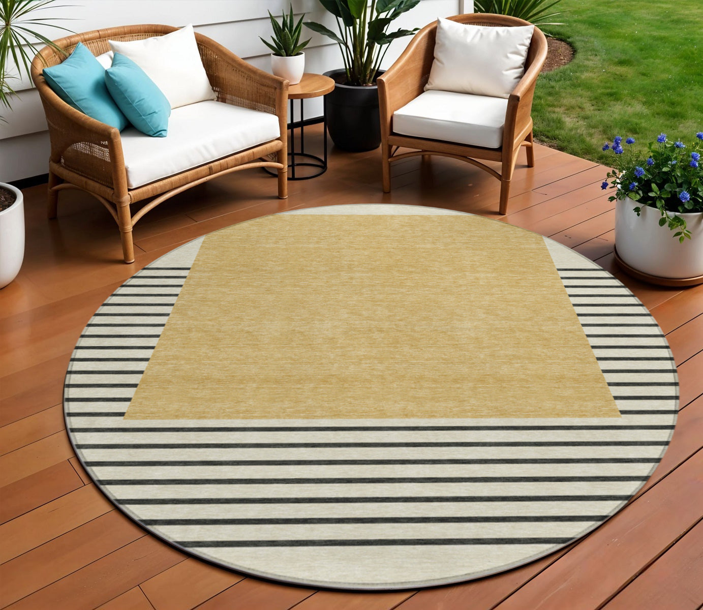 8 Gold Black And Beige Round Striped Washable Indoor Outdoor Area Rug